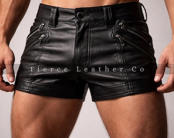 Pantalones cortos de cuero negro auténtico con cremallera, estilo motero, hechos a mano y por encargo.
