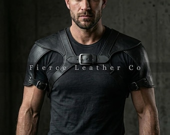 Mens Genuine Black Leather Shoulder Armor Harness – Adjustable Buckles, Handmade Chest harness Burning Man