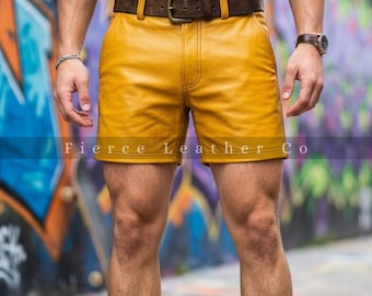 Handmade Genuine Yellow Leather Booty Shorts – Men's Rave Shorts, Festival Outfit Gift For Him