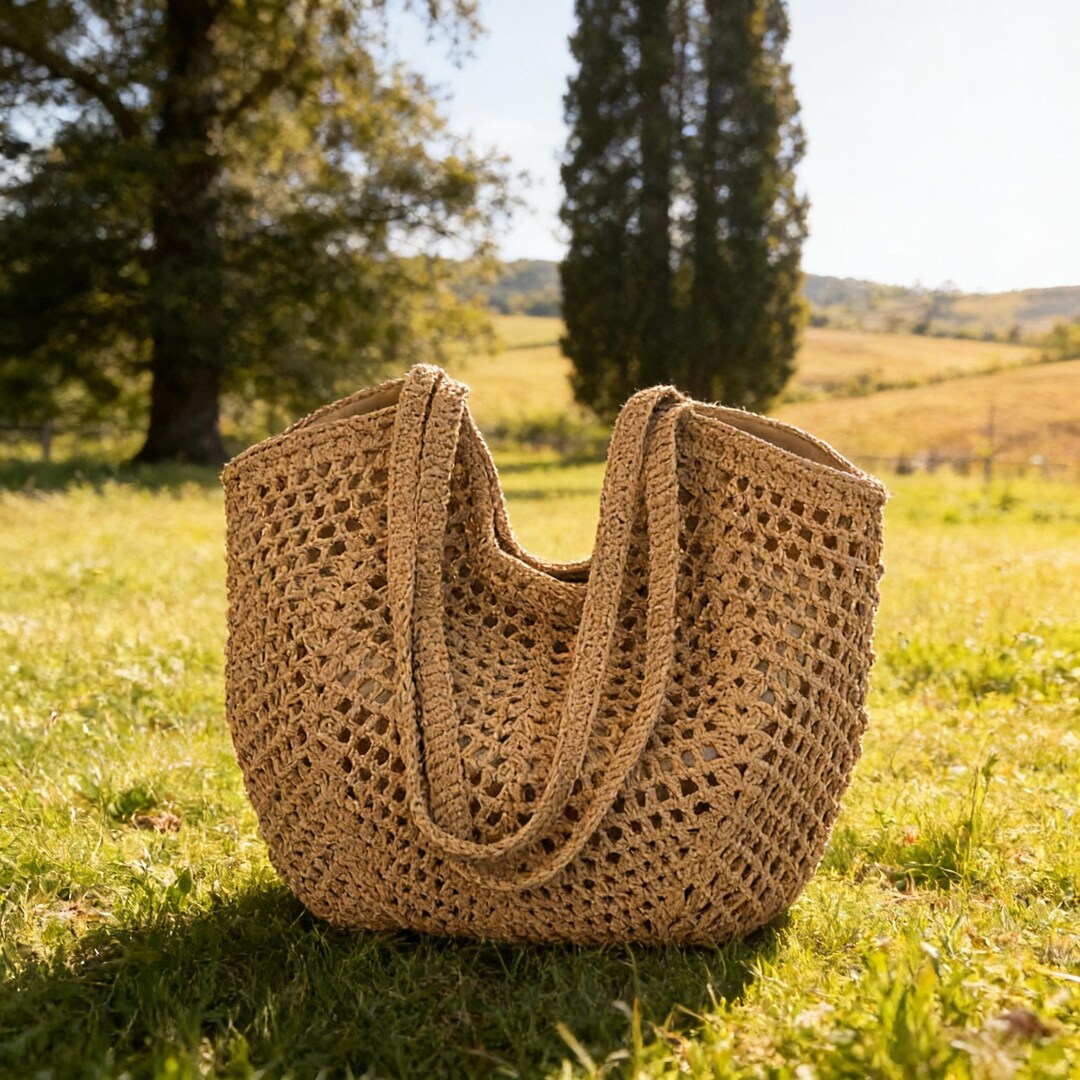 Custom Hand-crocheted Straw Woven Tote Bag, Summer Beach Shoulder Bag ...