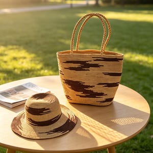 Custom Logo Raffia Bag & Hat Set, Personalized Text Embroidered Summer Bundle, Premium Natural Raffia Matching Set