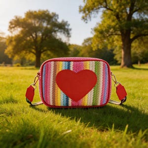 Borsa a tracolla intrecciata a righe colorate con toppa a cuore rosso / Piccola borsa a tracolla quadrata / Borsa di paglia boho da donna / Borsa da spiaggia estiva