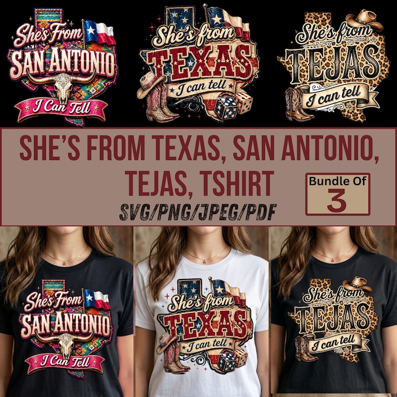 May include: A bundle of three t-shirts featuring designs with the text "She's From Texas, San Antonio, Tejas". Each design includes a Texas flag, cowboy boots, and other Texan elements. The shirts are black and white.