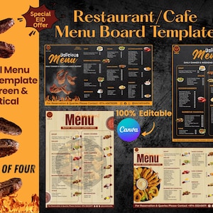 May include: Digital menu board template for restaurants and cafes. The design includes four menu layouts, with a vertical TV screen format. The menus feature a black background with food images and text. The template is 100% editable.