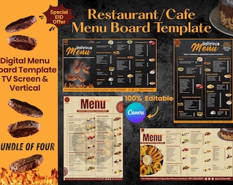 DIY TV Digital Menu Board Template Bundle, Restaurant Menu Canva Editable, Cafe TV Signage Template, Menu Screen Bundle