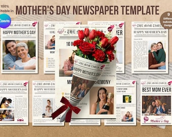 9 Mother's Day Newspaper Canva Editable Template bundle, Personalized Gift for Mom, Aesthetic Bouquet & Floral Wrap, Instant Download