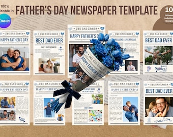 Canva Fathers Day Newspaper Editable Template Card, 10 designs, Personalized gift for Dad, Newspaper Bouquet & Floral wrap, Digital Download