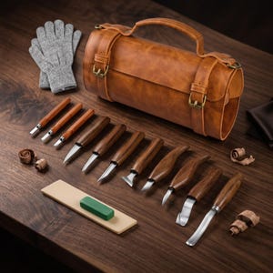 Op de afbeelding: Een houtsnijset met diverse beitels en messen met houten handvatten en metalen bladen. De set bevat een bruine leren draagtas, een slijpsteen, een groene honingsamenstelling en grijze handschoenen. De gereedschappen zijn op een houten oppervlak geplaatst.