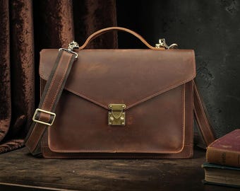 Vintage Crazy Horse Leather Briefcase for Men, Handmade Genuine Leather Laptop Messenger Bag, Business Satchel Office Bag Gift