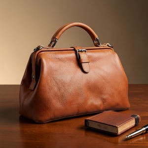 May include: A brown leather doctor's bag with a top handle and a buckle closure. The bag is sitting on a wooden surface next to a small leather-bound notebook and a pen. The bag has a classic, vintage style.