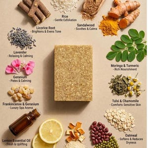 Puede incluir: Una variedad de ingredientes naturales para el cuidado de la piel, incluyendo arroz, sándalo, cúrcuma, lavanda y aceite esencial de limón. Una barra de jabón grande y texturizada en el centro. La imagen está marcada con "Hannah & Co."