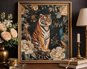 Vintage Tiger Peacock Print, Dark Floral Botanical Wall Art (4x5 Digital Download)