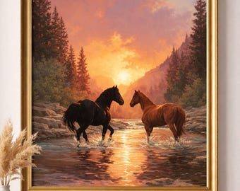 Sunset Horses Rolled Poster | Horse Art, Mountain River Scene