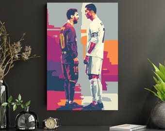 リオネル・メッシ＆クリスティアーノ・ロナウド サッカー ウォールアートプリント、フットボールポスター、印刷可能なスポーツ装飾、男の隠れ家アート、ティーンルームギフト