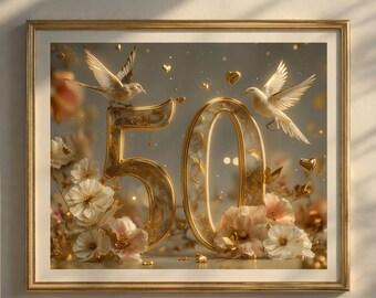 Lámina decorativa imprimible para el 50 cumpleaños, póster dorado de los cincuenta, decoración de aniversario, elegante estampado floral, regalo de lujo para mamá, descarga instantánea.