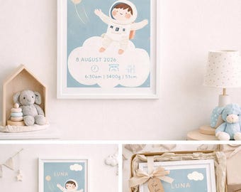 Poster personalizzato per la nascita di un astronauta, decorazione murale personalizzata per la cameretta dei bambini (download digitale)