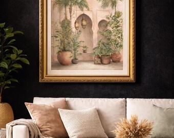 Poster arrotolato con cortile di palme marocchine / Arte murale con piante boho, vasi di terracotta