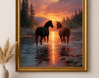 Two Horses Sunset River Poster | Rustic Western Landscape Wall Art