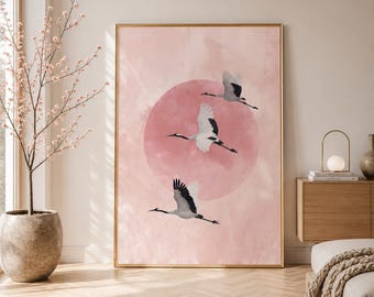 Japanese Crane Wall Art, Pink Sun Japandi Print, Sakura Bird Artwork, Wabi Sabi Decor, Nursery Art, Zen Bedroom Wall Art