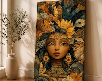 Tela raffigurante una dea Maya / Arte murale boho / Tela raffigurante una donna tribale / Decorazione con ritratto etnico
