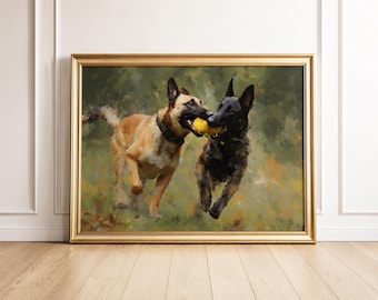 ベルジアン・マリノアのプリント可能な壁掛けアート、K9犬の絵画、使役犬の装飾、警察犬のアート、素朴な農家風のプリント可能なダウンロード