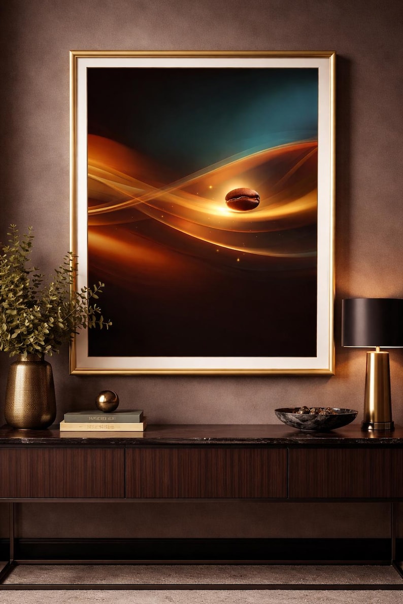May include: Framed art print depicting a coffee bean floating in a swirling abstract design of warm orange and gold hues against a dark backdrop. The artwork hangs above a dark wood cabinet with a gold lamp and decorative items.