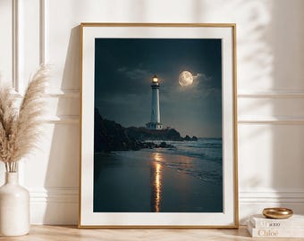 Moonlit Lighthouse Under Full Moon, Coastal Ocean Landscape, Beach House Accent, Nautical Seaside Scene