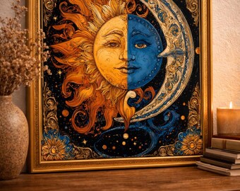 Celestial Sun and Moon Wall Art, Mystical Boho Decor, Astrology Printable, Digital Download