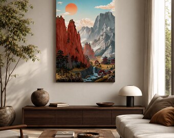 日本の風景キャンバスプリント、ジャパンディウォールアート、禅山画、縦型和風インテリア、ミニマリストリビングルームアート