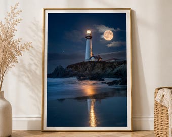 Moonlit Lighthouse Ocean Landscape, Coastal Beach House Artwork, Nautical Seaside Scene, Full Moon Coastal Home Accent