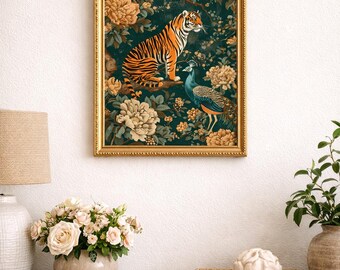 Tiger and Peacock Wall Art Print, Dark Floral Maximalist Decor, Vintage Botanical Animal Poster, Digital Print Download, 8x10 12x15 16x20