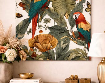 Parrot Canvas Wall Art | Tropical Bird  | Botanical Wall Decor | Exotic Jungle Art