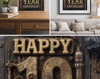 Lámina imprimible Steampunk para el décimo aniversario, arte mural industrial, decoración vintage con engranajes, regalo único de aniversario de bodas, lámina de estilo rústico metálico.