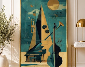 Art Deco Jazz Wall Art, Geometric Music Poster, Piano and Double Bass Print, Mid Century Modern Music Room Decor, Musician Gift