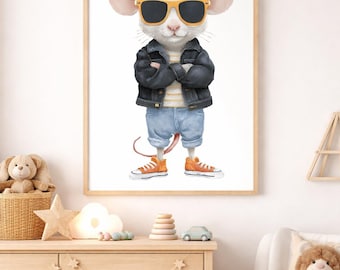 Poster con illustrazione di un topo ribelle / Topo hipster, giacca di jeans e occhiali da sole