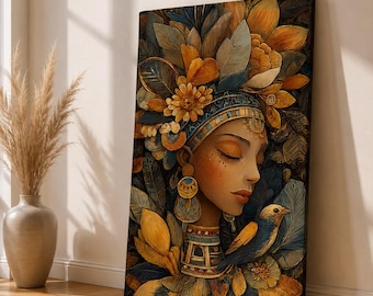 Quadro da parete con dea Maya / Ritratto di donna tribale boho, decorazione su tela dai toni della terra
