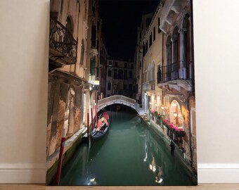 Venice Canal Night Scene Canvas | Stretched Wall Art, Gondola Bridge
