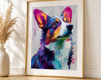 カラフルなコーギーのウォールアートプリント、抽象的な犬のポスター、モダンなペットの肖像画装飾、鮮やかな子犬のアートワークのダウンロード