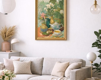 Poster arrotolato con natura morta di tè botanico / Scena di tè floreale vintage