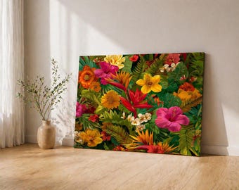 Tropical Floral Canvas Wall Art | Colorful Flower Canvas Print | Botanical Wall Decor | Hibiscus Art | Boho Jungle Decor | Living Room Art