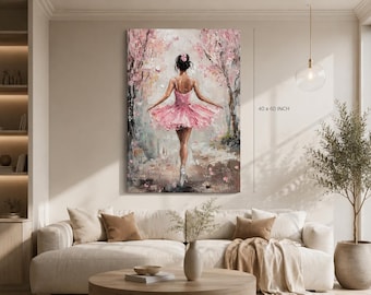 Quadro su tela con ballerina rosa, dipinto di danzatrice, grande stampa su tela con motivo floreale e balletto, decorazione per la camera delle ragazze, arte murale con fiori di ciliegio
