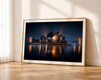 Lámina de la Ópera de Sídney, Arte mural de Sídney, Fotografía nocturna de Australia, Decoración mural imprimible de lujo, Póster de paisaje urbano moderno