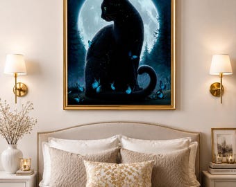 Lámina decorativa imprimible de gato negro y luna, decoración gótica de gato, póster celestial de bruja, lámina para dormitorio de estilo Dark Academia.