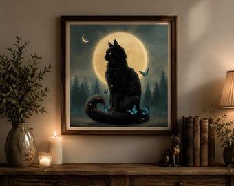 Lámina decorativa de gato negro a la luna, decoración gótica de gato, lámina celestial de bruja, póster místico a la luz de la luna, arte Dark Academia.