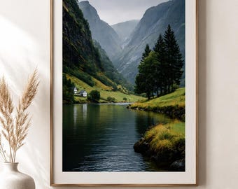 Lámina decorativa de fiordos escandinavos para imprimir, póster de paisaje nórdico, lámina de naturaleza de lago de montaña, descarga digital.