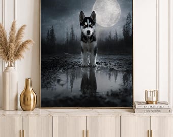 月明かりに照らされたハスキー犬のウォールアートプリント、暗い森の犬のポスター、ゴシックな狼の美的装飾、物憂げな子犬のプリントダウンロード