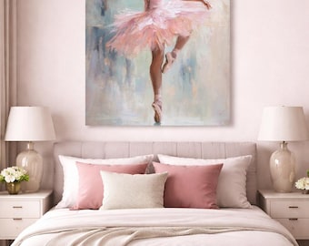 Quadro su tela con ballerina rosa, dipinto di danzatrice, decorazione per la camera da letto delle ragazze, grande quadro su tela con balletto, decorazione murale dai colori pastello tenui