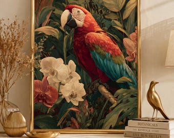 Tropical Parrot Wall Art Printable, Botanical Bird Print, Vintage Jungle Decor, Maximalist Poster, Digital Download