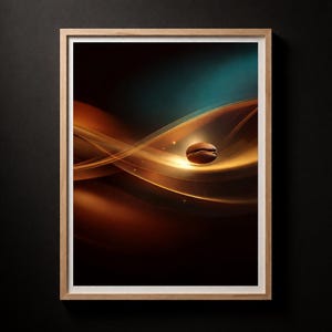 May include: Framed art print depicting a coffee bean set against a backdrop of swirling, golden-brown and teal abstract lines. The artwork is presented within a light-coloured wooden frame, creating a warm aesthetic. The image evokes a sense of energy and movement.