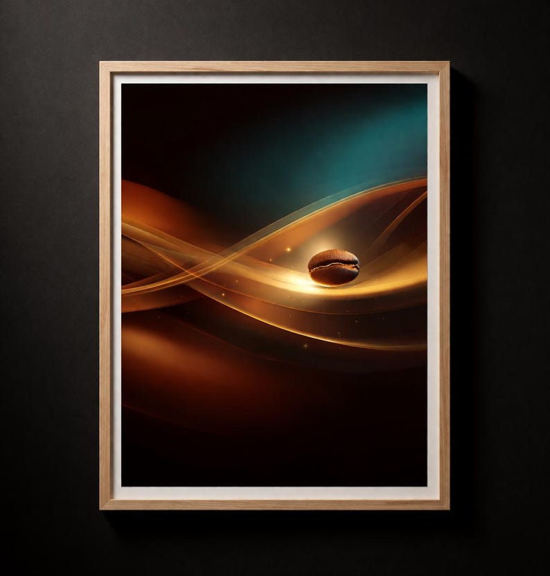 May include: Framed art print depicting a coffee bean set against a backdrop of swirling, golden-brown and teal abstract lines. The artwork is presented within a light-coloured wooden frame, creating a warm aesthetic. The image evokes a sense of energy and movement.